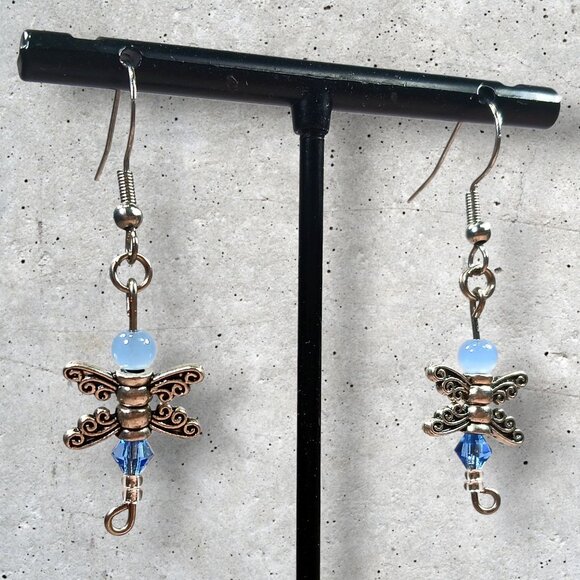 Blue Crystal Dragonfly Dangle Earrings - Picture 2 of 9